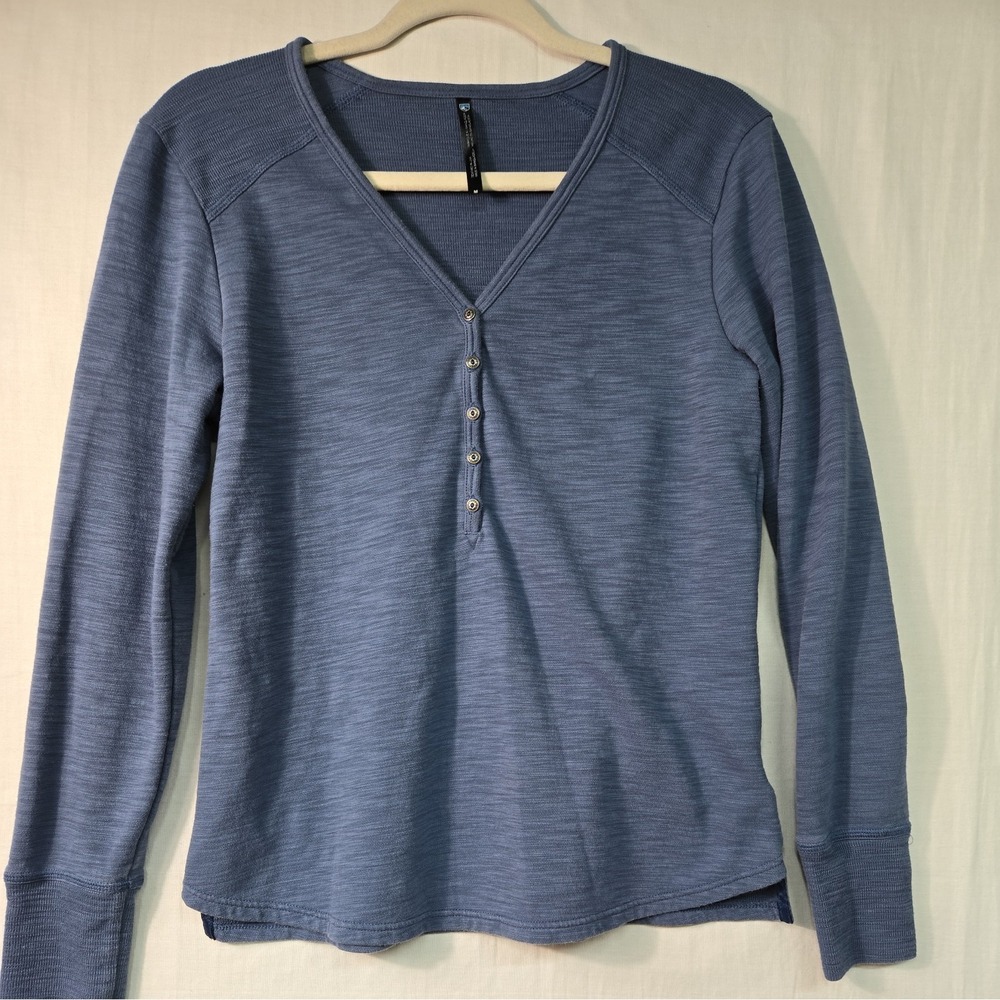 KUHL Women's Lola Long Sleeve Henley Shirt M Blue Cotton Blend Outdoor Button